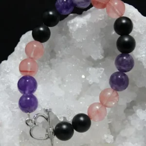 Bracelet Améthyste Quartz rose onyx avec fermoir Cœur